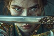 © nsit0108 - Portrait of a determined female warrior holding a sword horizontally in front of her face, revealing only her intense gaze