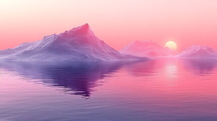 Wall Mural - Pink Sunset over Icebergs: Serene landscape of majestic icebergs reflecting a vibrant pink sunset in calm water.  The scene evokes a sense of tranquility and wonder.