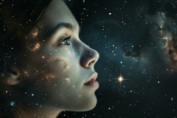 Wall Mural - profile of a young woman merging with the cosmos, symbolizing the connection between humanity and th