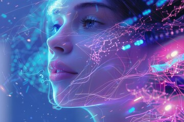Wall Mural - woman with glowing lines and particles representing digital data, symbolizing the integration of hum
