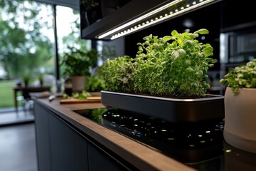 An elegant indoor herb garden flourishes under bright lights in a modern kitchen, promoting a sustainable lifestyle through fresh, homegrown culinary ingredients.