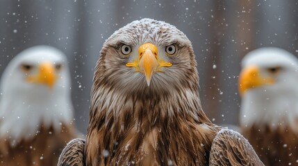 Wall Mural - three bald eagles in a snowy scene, front eagle is in focus, the other two are blurred