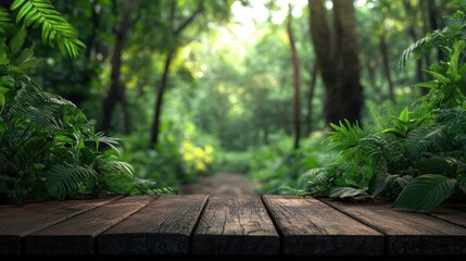 Wall Mural - Lush Green Forest Landscape with Wooden Plank Foreground