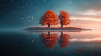 Poster - Breathtaking Autumnal Reflection in Tranquil Pond at Dusk with Glowing Red Trees