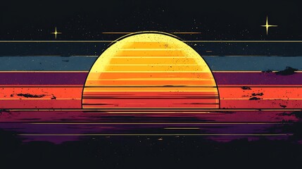 Retro Sunset: A vibrant and nostalgic digital art piece depicting a stylized sunset over a digital landscape. The image features a retro color palette with pixelated textures.