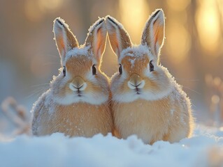 Wall Mural - two adorable rabbits covered in snow bask in the warm sunlight together in winter