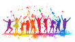 © seksun - An icon of a playful Holi scene with people dancing and throwing colors on a white background
