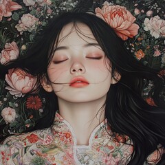 Poster - A Serene Woman Amidst Blooming Flowers: An Artistic Portrait