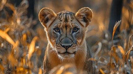 Wall Mural - Close up portrait of a lion cub with a blurred background in natural habitat