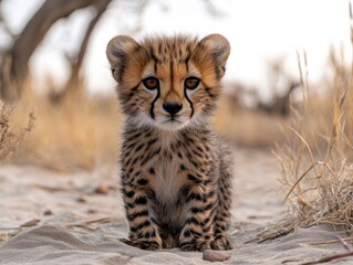 Wall Mural - Close-up of a charming cheetah cub with expressive eyes standing in a sandy landscape