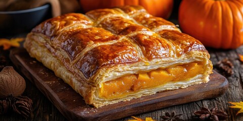 Golden brown puff pastry pie filled with vibrant pumpkin puree on a rustic wooden board surrounded by autumn leaves and pumpkins.