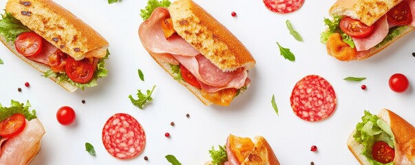 Wall Mural - panini sandwiche: salmon, ham, chicken, and salami on a white background mona