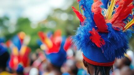 Colorful traditional feather headdresses at outdoor cultural festival