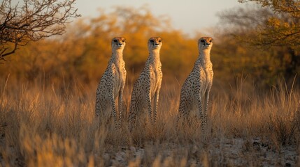 Wall Mural - Three cheetahs standing tall in a dry grassy field with golden light in Africa