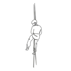 One continuous single drawing line art flat doodle climbing, mountain, cliff, person, rope, adventure, nature, challenge, sport. Isolated image hand draw contour on a white background, hand drawn, not