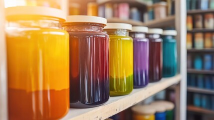 Vibrant Jars of Colorful Paints on a Shelf