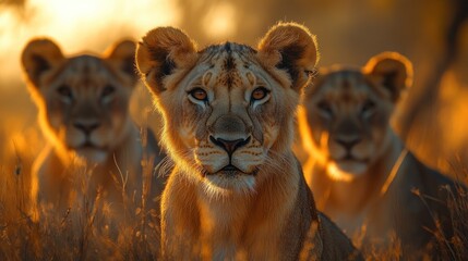 Wall Mural - Three lions in a savanna at golden hour, with warm, golden light and tall grass