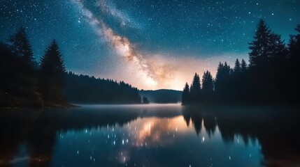 Poster - Starry Night Sky Reflected in Tranquil Lake Surrounded by Silhouetted Pine Forest