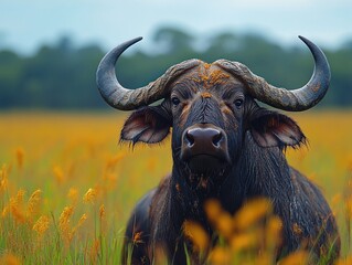 a magnificent african buffalo standing calmly in a field of golden grass