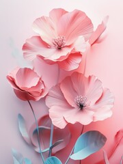 Wall Mural - elegant 3d floral design with pink flowers and soft pastel leaves greeting card invitation romantic 