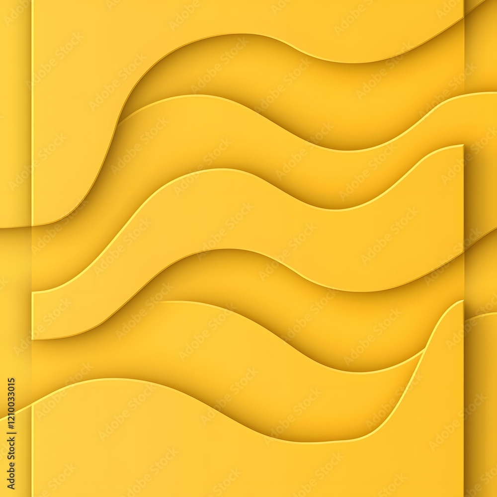 Yellow minimalist background with soft wavy lines flowing horizontally ...