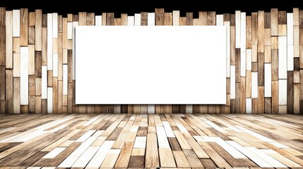 Wall Mural - a minimalist wooden interior featuring a large blank canvas on a textured wall, ideal for art displa