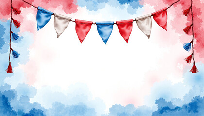 Festive red, white, and blue bunting for Independence Day on watercolor background with copy space