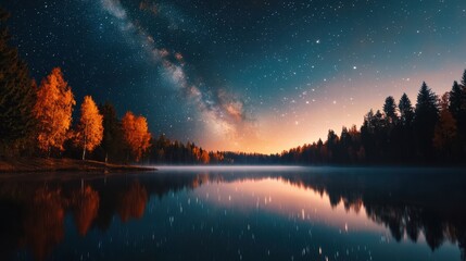 Poster - Serene Autumn Lake Reflecting Starry Night Milky Way in Enchanting Forest Landscape