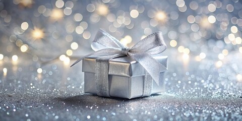 Wall Mural - A Silver Gift Box with a Sparkling Bow on a Shimmering Surface, Illuminated by Festive Lights