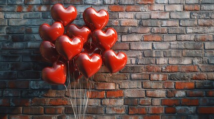 Wall Mural - A Vibrant Display of Red Heart-Shaped Balloons Against a Rustic Brick Wall for Valentine's Day Celebrations