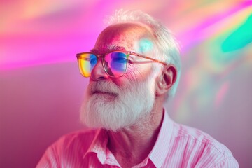 Elderly man with colorful glasses enjoying vibrant light reflections in a cozy indoor setting