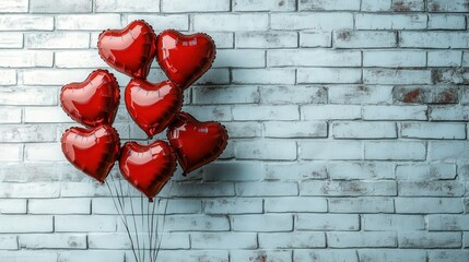 Wall Mural - Red Heart-Shaped Balloons Floating Near White Brick Wall in Charming and Romantic Atmosphere for Celebrations or Special Occasions