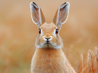 Wall Mural - close-up portrait of a brown hare with long ears against an orange background in a field
