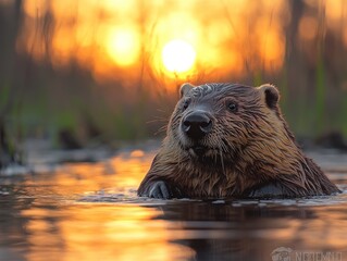 Wall Mural - A close-up image of a beaver swimming in water with a vibrant sunset backdrop