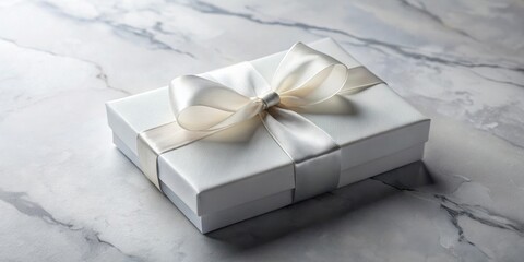 Wall Mural - Elegant white gift box with a satin ribbon bow resting on a sleek marble surface