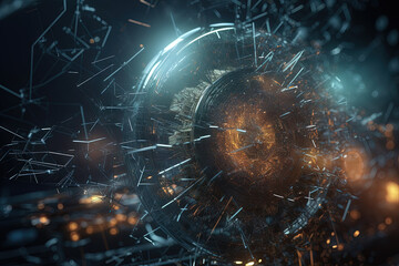 Wall Mural - abstract burst of wires and particles on technology background. scientific abstraction with mess of 