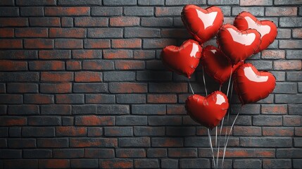 Wall Mural - Group of Red Heart-Shaped Balloons Against a Textured Brick Background for Valentine's Day Celebrations and Romantic Themes