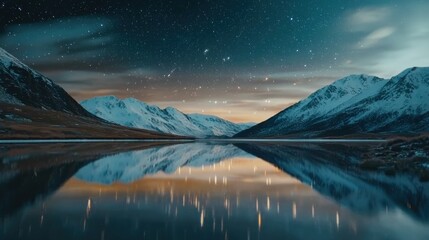 Wall Mural - Majestic Snowy Mountains Reflecting in a Serene Lake Under a Starry Night Sky with the Northern Lights