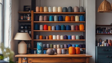 Wall Mural - Colorful Yarn Display in a Cozy Craft Studio