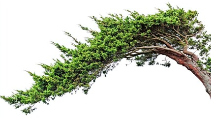 Windswept coastal tree, leaning, isolated, white background, nature design