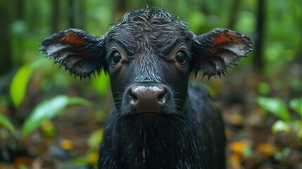 Wall Mural - a close-up portrait of a wet baby water buffalo in a lush green forest