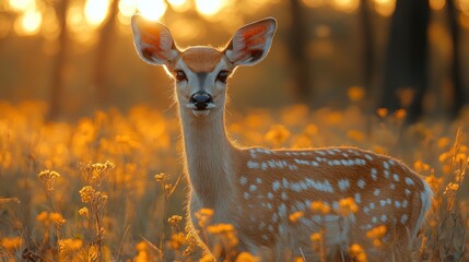 Wall Mural - A Fawn Stands Gracefully in a Field of Golden Flowers Bathed in Sunset Light