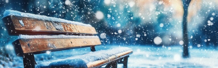Poster - Close-up of a snow-covered bench in a winter landscape with gentle snowfall at dusk