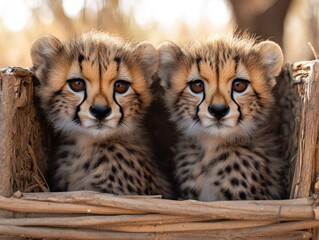 Wall Mural - Two adorable cheetah cubs peering out from a wooden enclosure, their eyes reflecting the light
