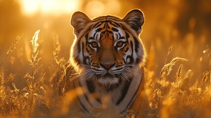 Wall Mural - Golden hour tiger portrait, with sunset illuminating the grasslands behind, striking animal shot