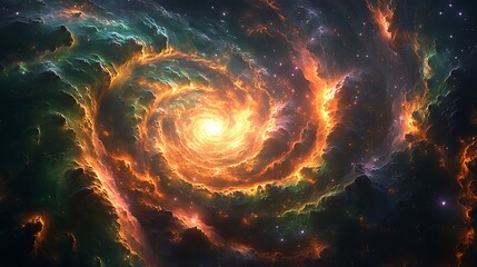 Wall Mural - Cosmic Dance: A swirling nebula, vibrant with orange, green, and purple hues, dances around a radiant, white core, a cosmic spectacle teeming with stars and a mesmerizing interplay of light and color.