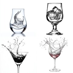 Four glasses with water, ice, and splashes.