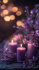 Aufkleber - Soft lilac and deep plum bokeh lights illuminate glowing candles among blooming flowers at dusk