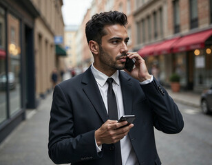 Social network. Hispanic business man with phone at office building. Businessman using phone. Man director phone conversation in city. Businessman talking on phone. Businessman in front office