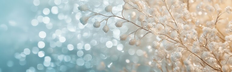 Fototapete - Delicate flowers captured against an ethereal icy gradient background with shimmering bokeh effects in soft tones